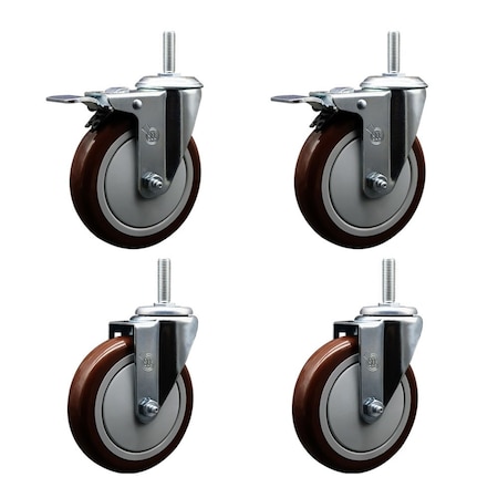 Service Caster 5 Inch Maroon Polyurethane Swivel 58 Inch Threaded Stem Caster Set 2 Total Lock Brakes SCC-TSTTL20S514-PPUB-MRN-58212-2-S-2